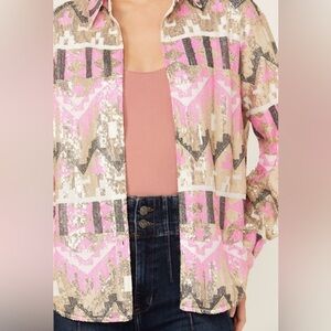 MAINSTRIP WOMEN'S SEQUINS LONG SLEEVE BUTTON-DOWN SHACKET